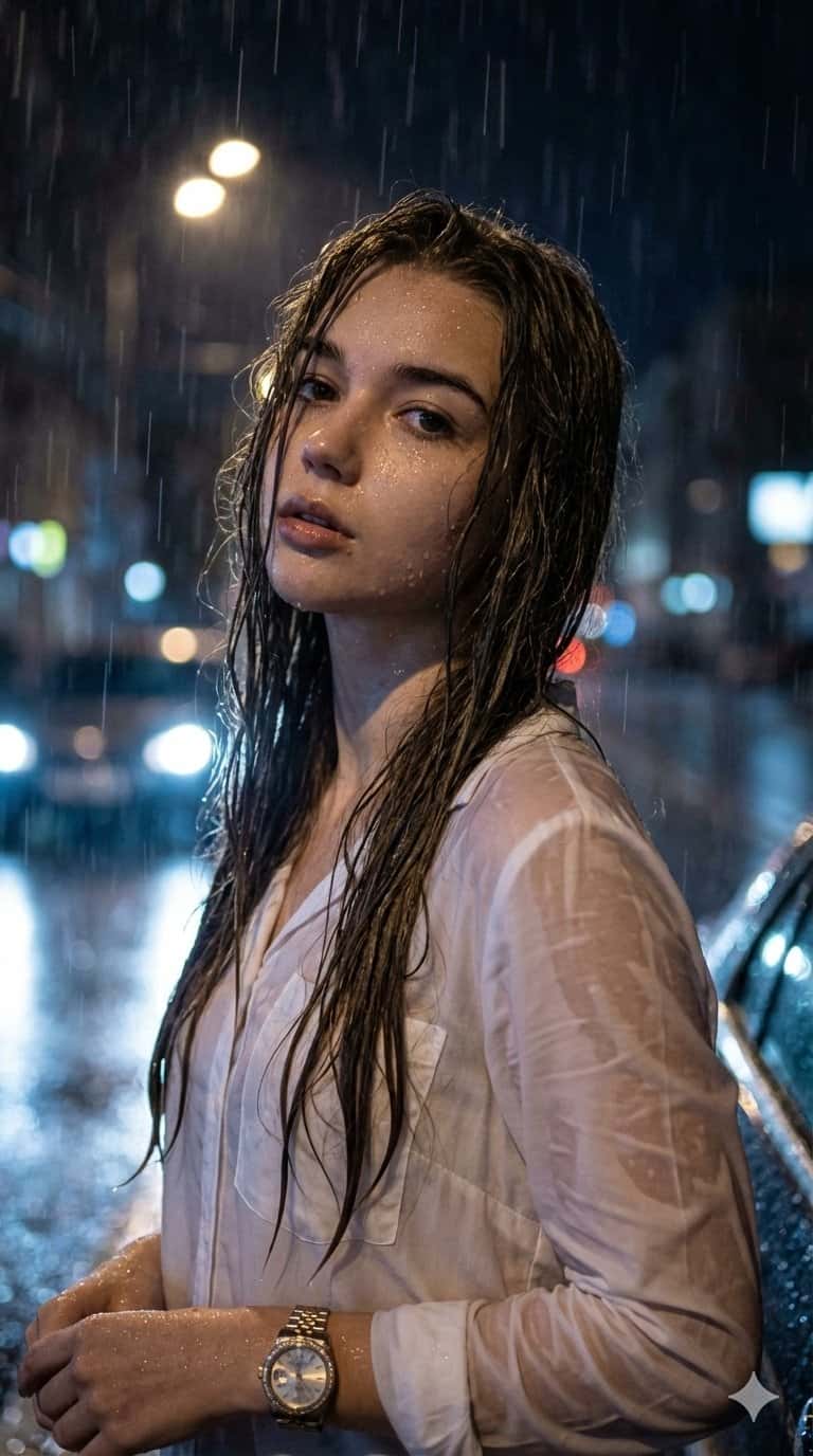 Gemini AI photo prompts preview — Contemplative Woman in a Rainy Urban Night