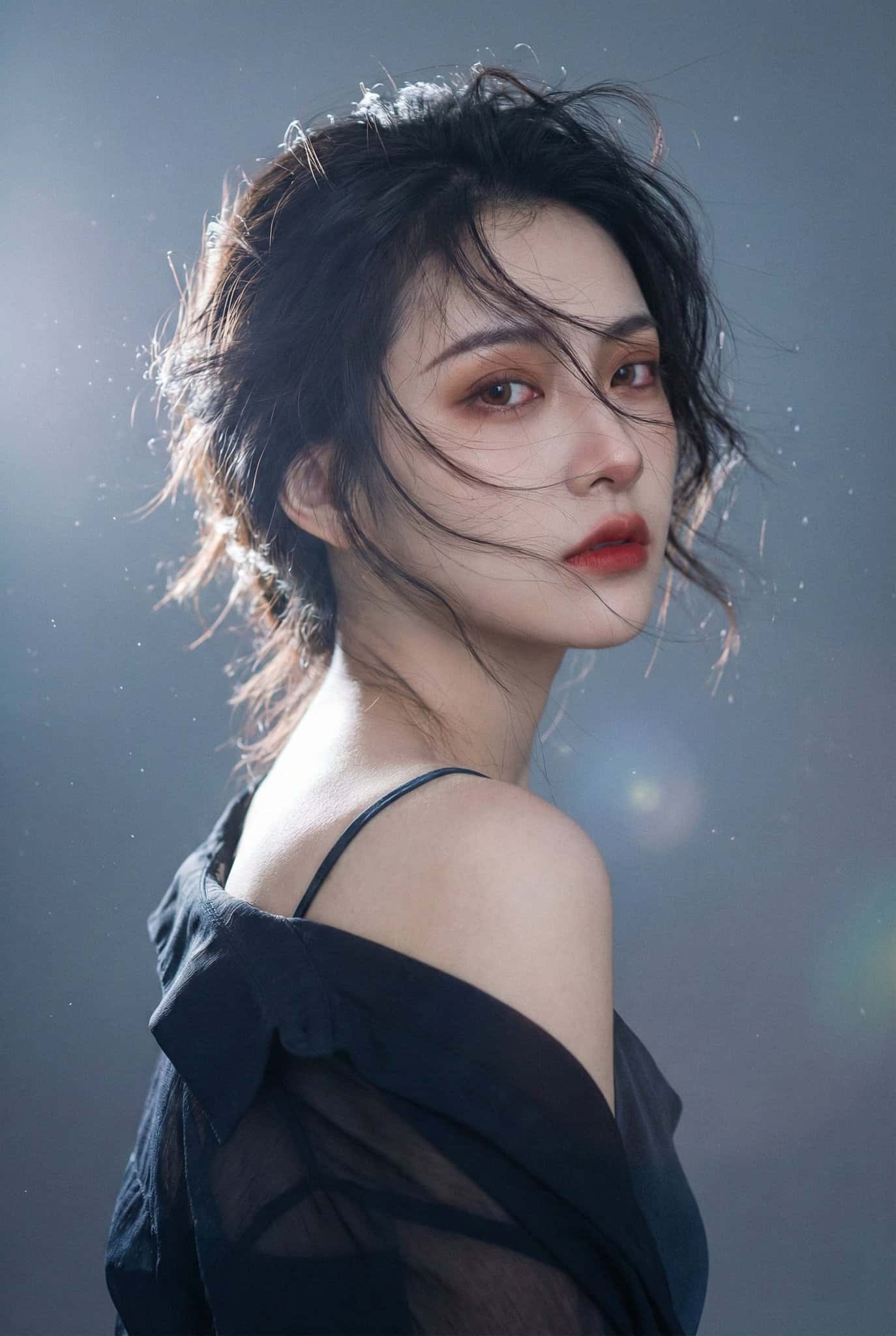 Gemini AI photo prompts preview — Wind Sweeping Through Hair, Eyes Concealing a Lonely Shadow Portrait