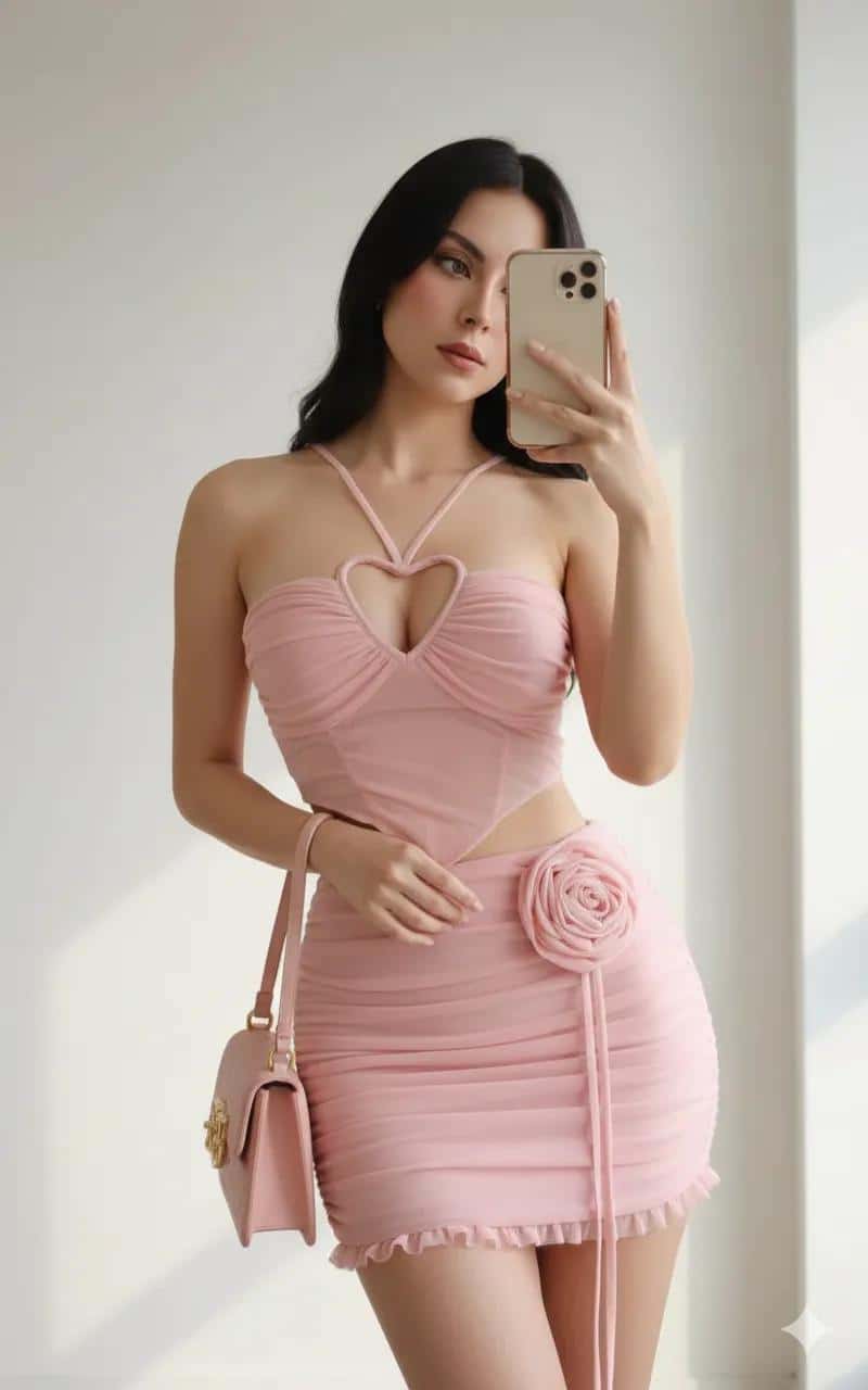 Gemini AI photo prompts preview — Soft Pink Bandeau and Minimalist White Wall Fashion Freeze