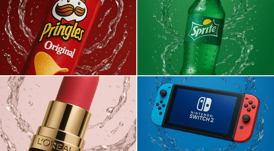 Gemini AI photo prompts preview — Brand Products Surrounded by Elegant Water Swirls
