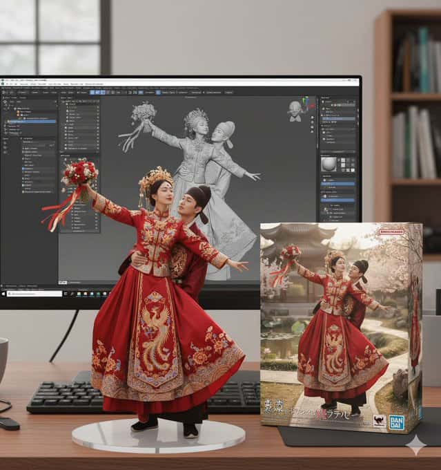Gemini AI photo prompts preview — Figure - ZBrush Modeling Display and Bandai Style Packaging Box