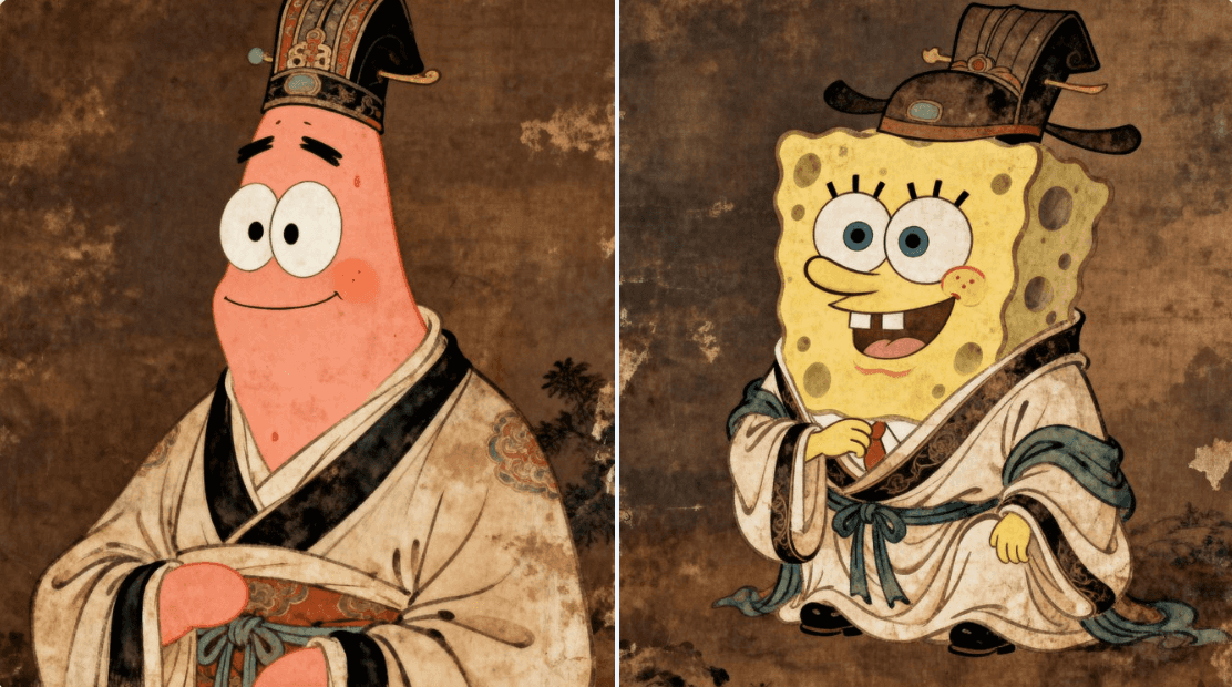 Gemini AI photo prompts preview — Patrick Star and SpongeBob in Ancient Costumes