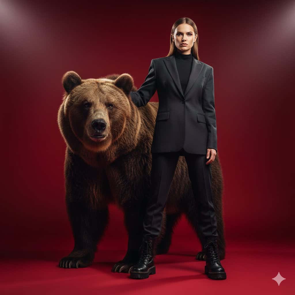 Gemini AI photo prompts preview — Fashionable Woman Posing with a Bear