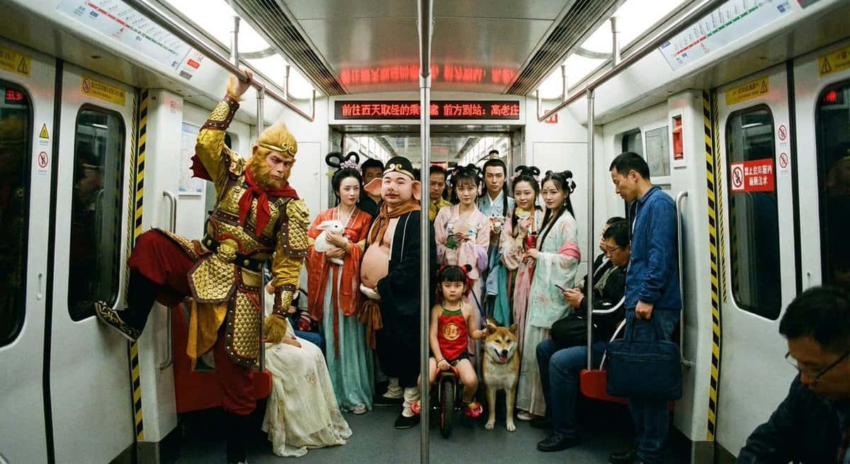 Gemini AI photo prompts preview — Journey to the West Characters on the Subway