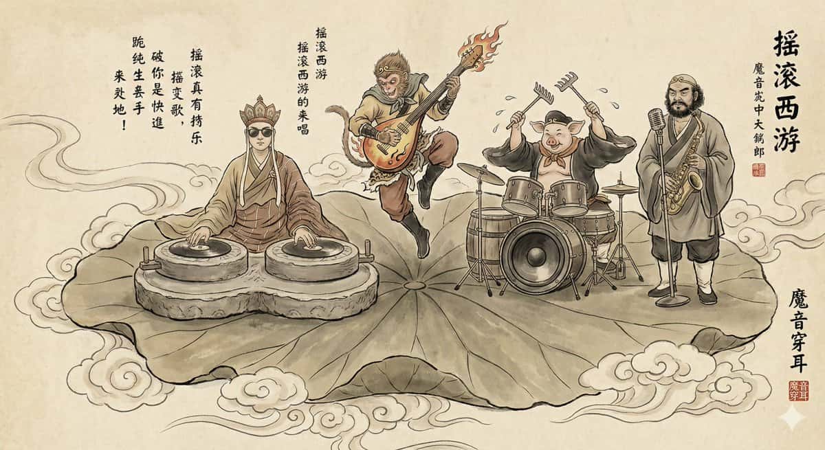 Gemini AI photo prompts preview — Journey to the West: The Four Disciples Form a Rock Band
