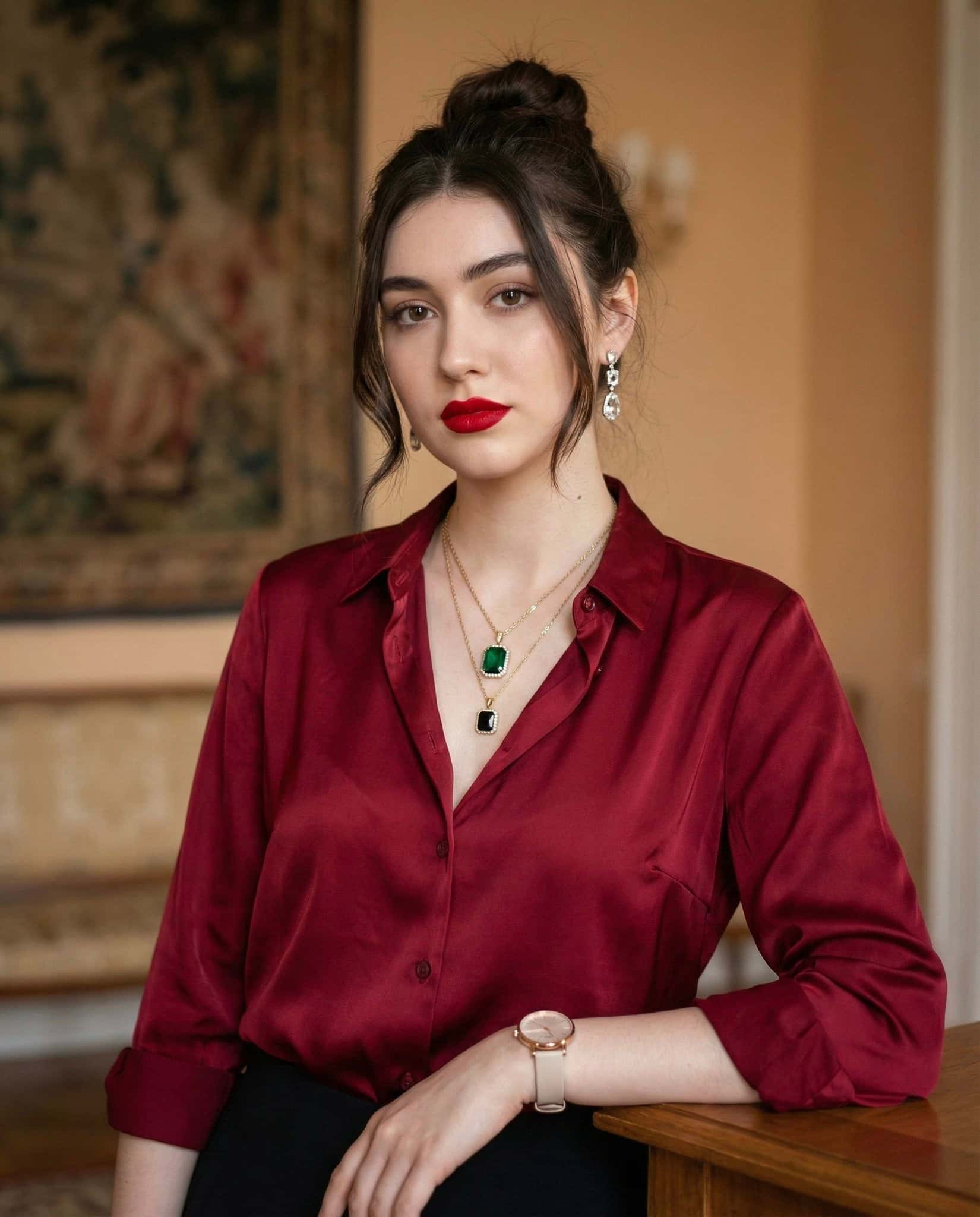 Gemini AI photo prompts preview — Confident Mature Woman Indoor Cinematic Portrait