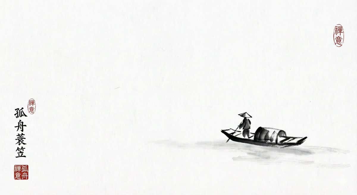 Gemini AI photo prompts preview — Black and White Ink Painting Style - The Lonely Boatman in a Straw Raincoat