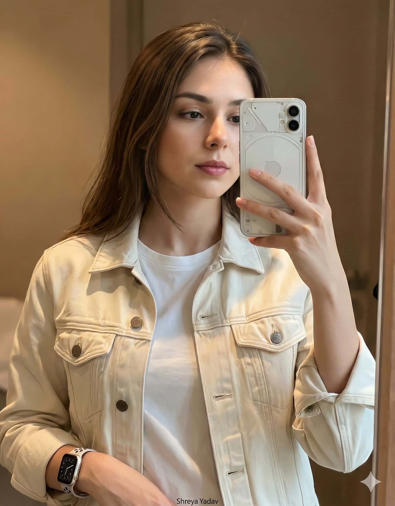 Gemini AI photo prompts preview — Young Woman with Long Brown Hair Taking a Selfie