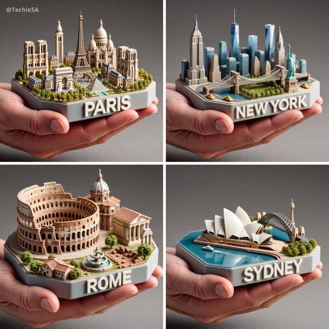 Gemini AI photo prompts preview — A Gentle Hand Holding a 3D Collectible Model of a City
