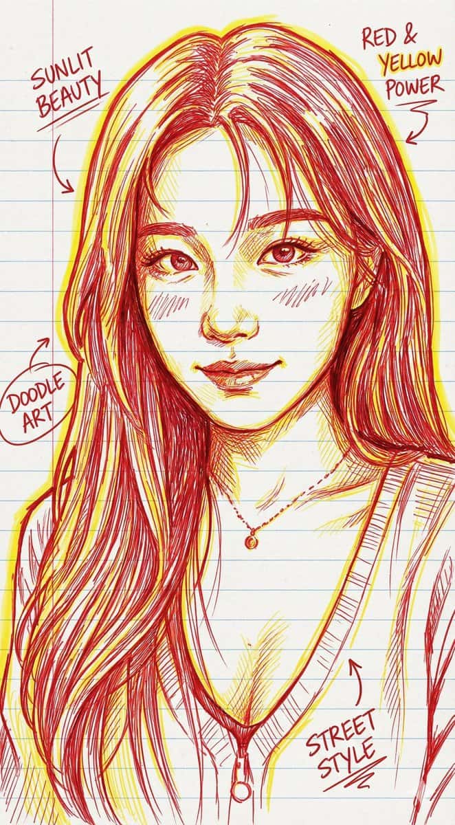 Gemini AI photo prompts preview — Red and Yellow Hand-Drawn Portrait Illustration
