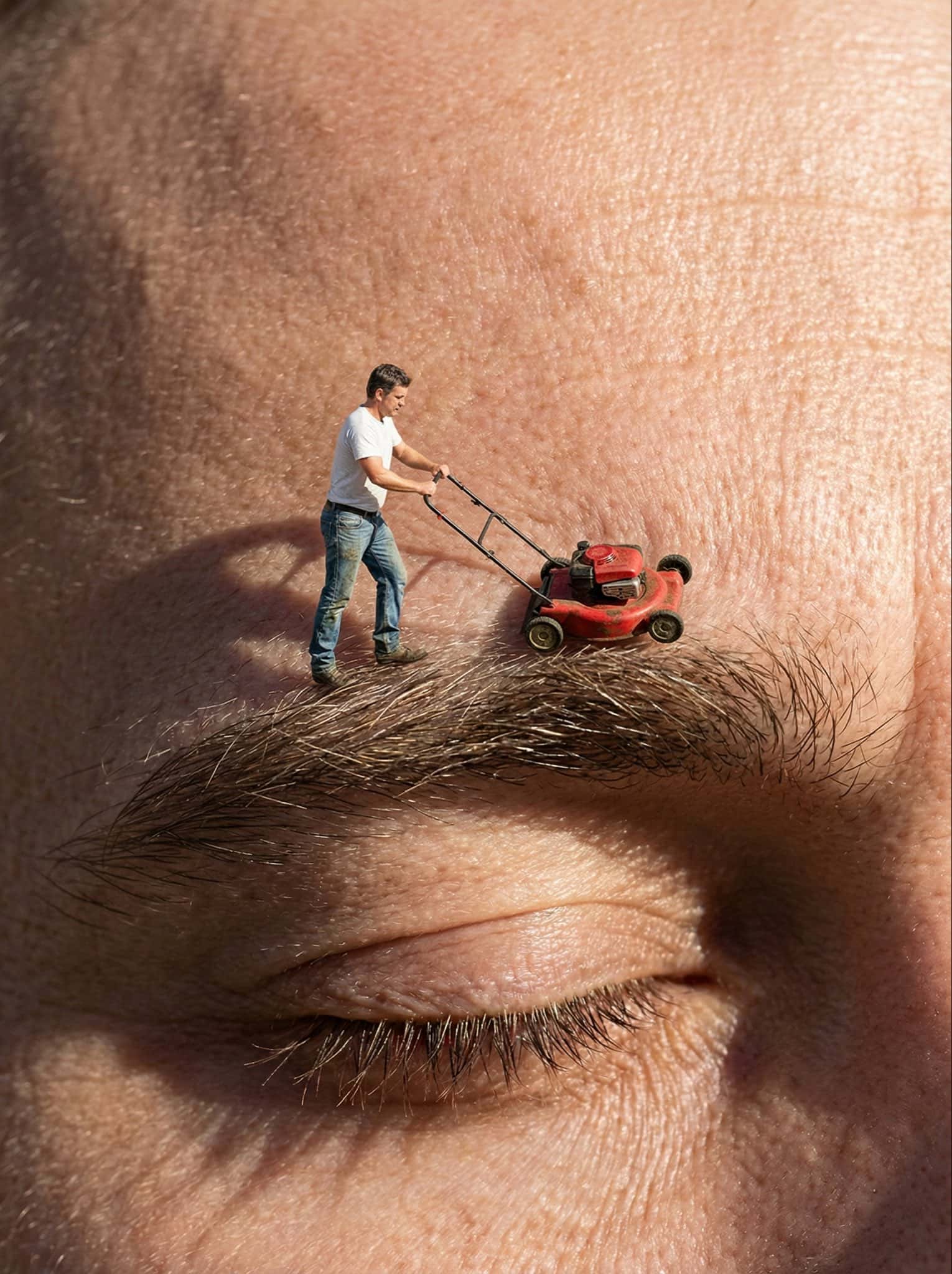 Gemini AI photo prompts preview — A Miniature Man Trimming Eyebrows
