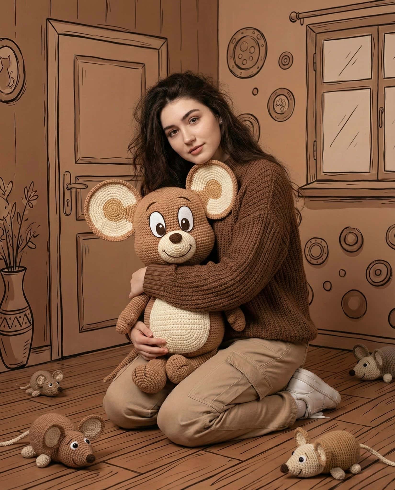 Gemini AI photo prompts preview — A Woman Hugging a Large Plush Mouse