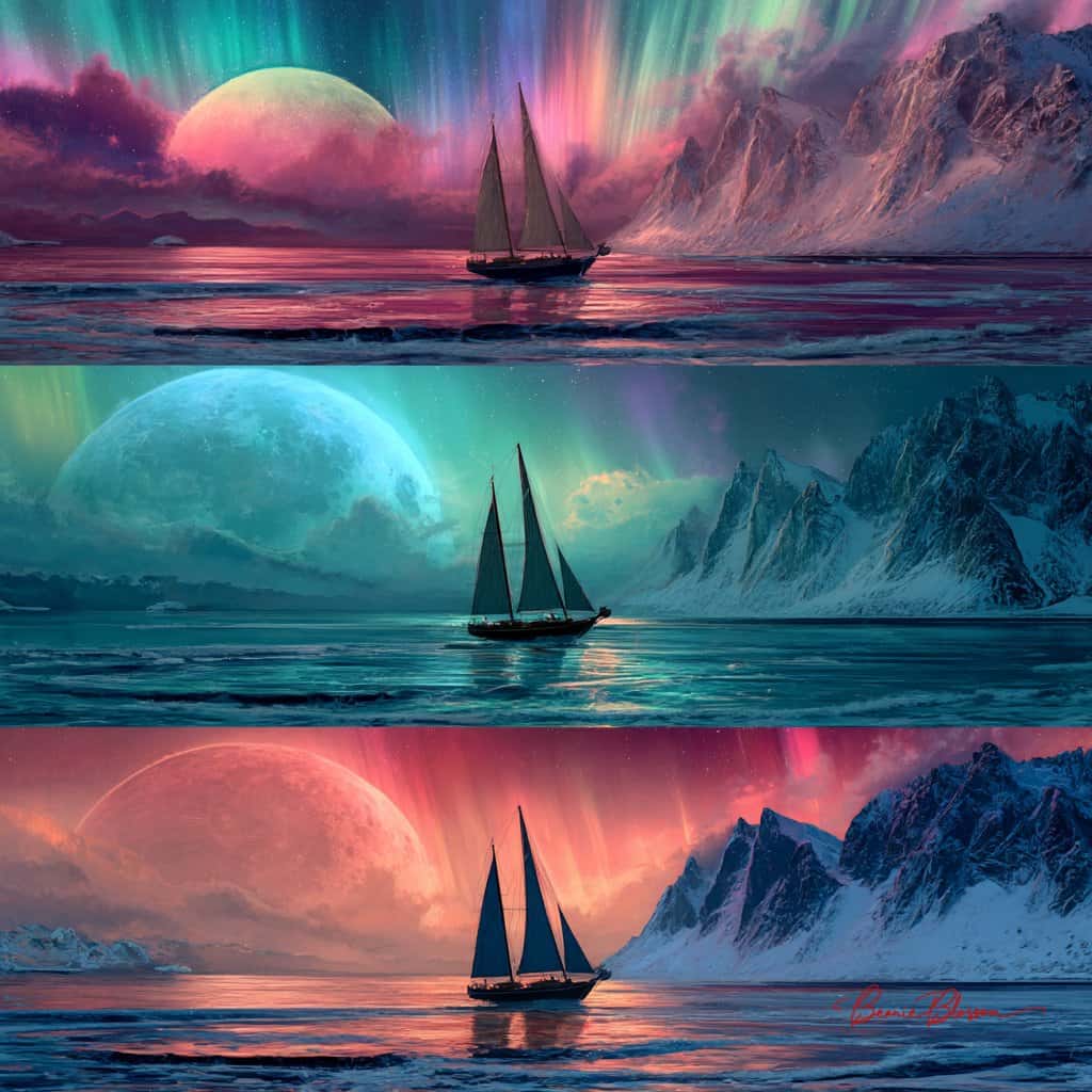 Gemini AI photo prompts preview — Three Different Fantasy Sailboats in the Ocean