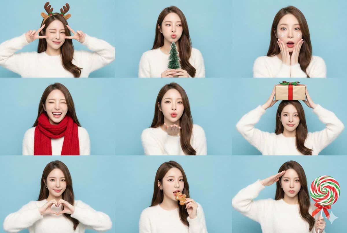 Gemini AI photo prompts preview — Christmas Special - Limited Edition Big Head Stickers, 9 Panels of Sweetness