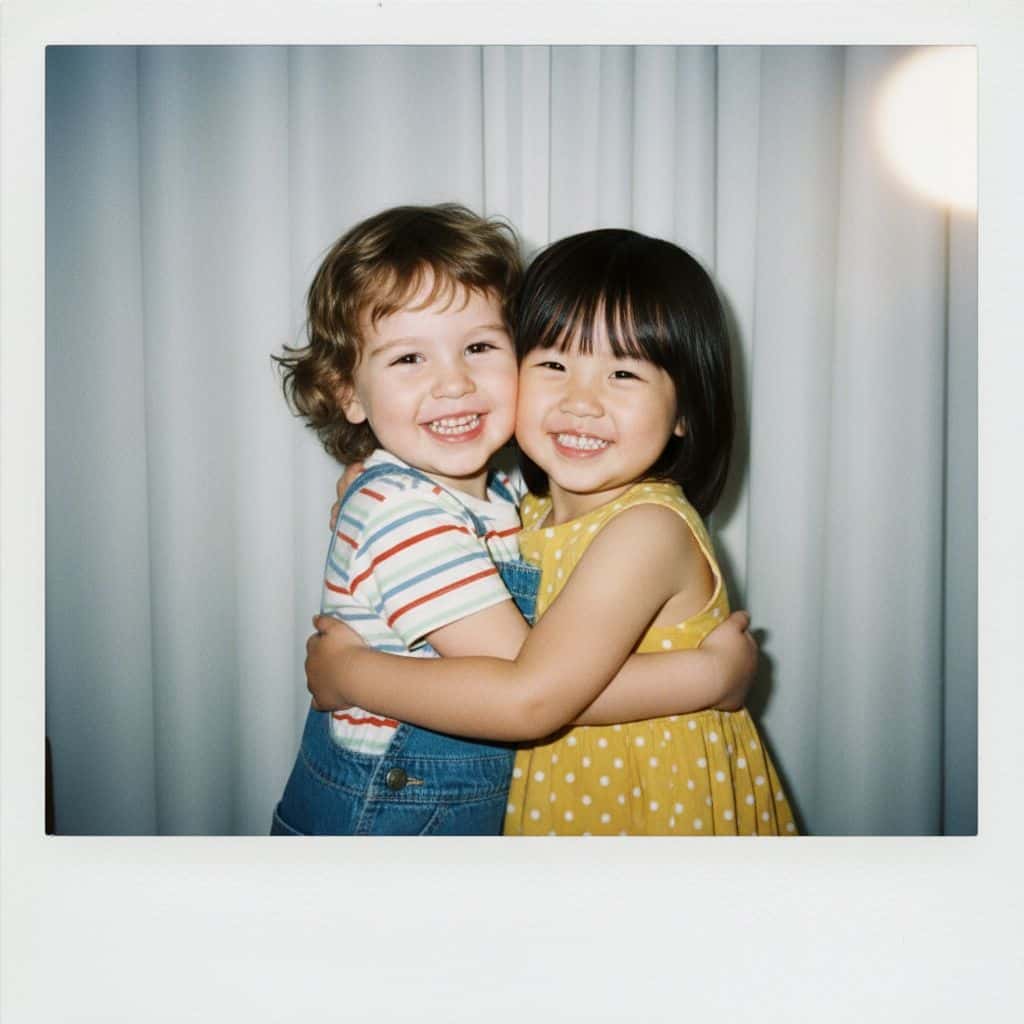 Gemini AI photo prompts preview — Polaroid Kids Hug White Curtain Flash