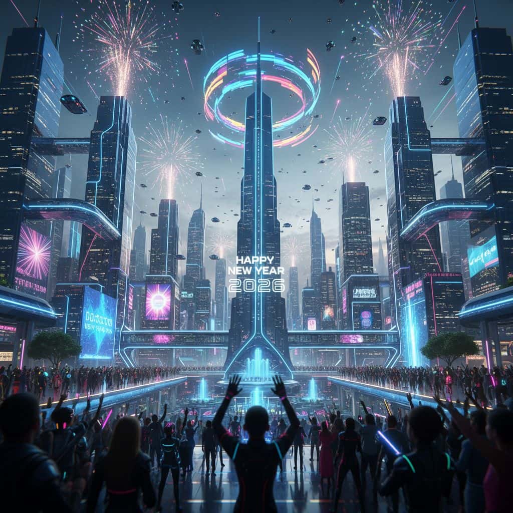 Gemini AI photo prompts preview — Futuristic city celebrating New Year 2026