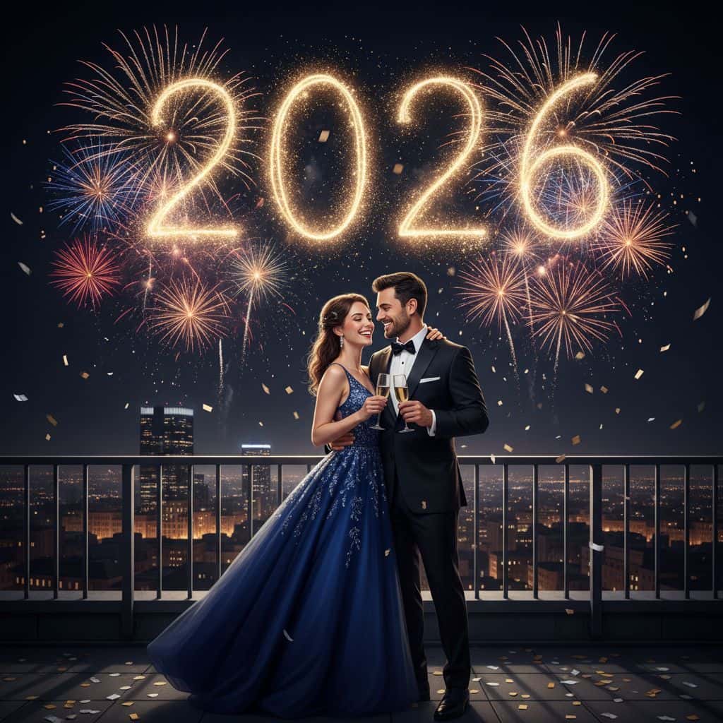 Gemini AI photo prompts preview — Romantic couple celebrating New Year 2026