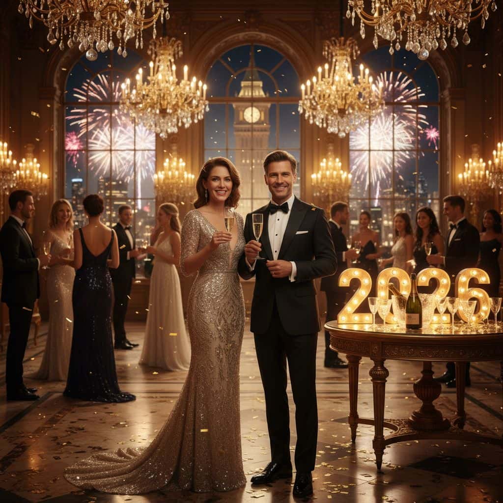 Gemini AI photo prompts preview — Luxury New Year 2026 evening portrait
