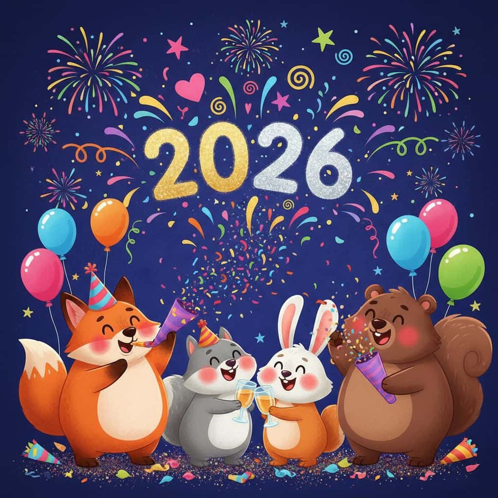 Gemini AI photo prompts preview — Cute cartoon characters celebrating New Year 2026