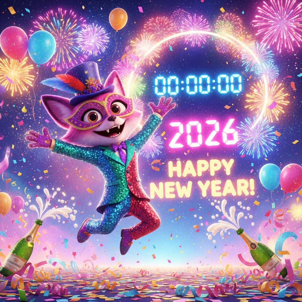 Gemini AI photo prompts preview — Stylized character celebrating New Year 2026