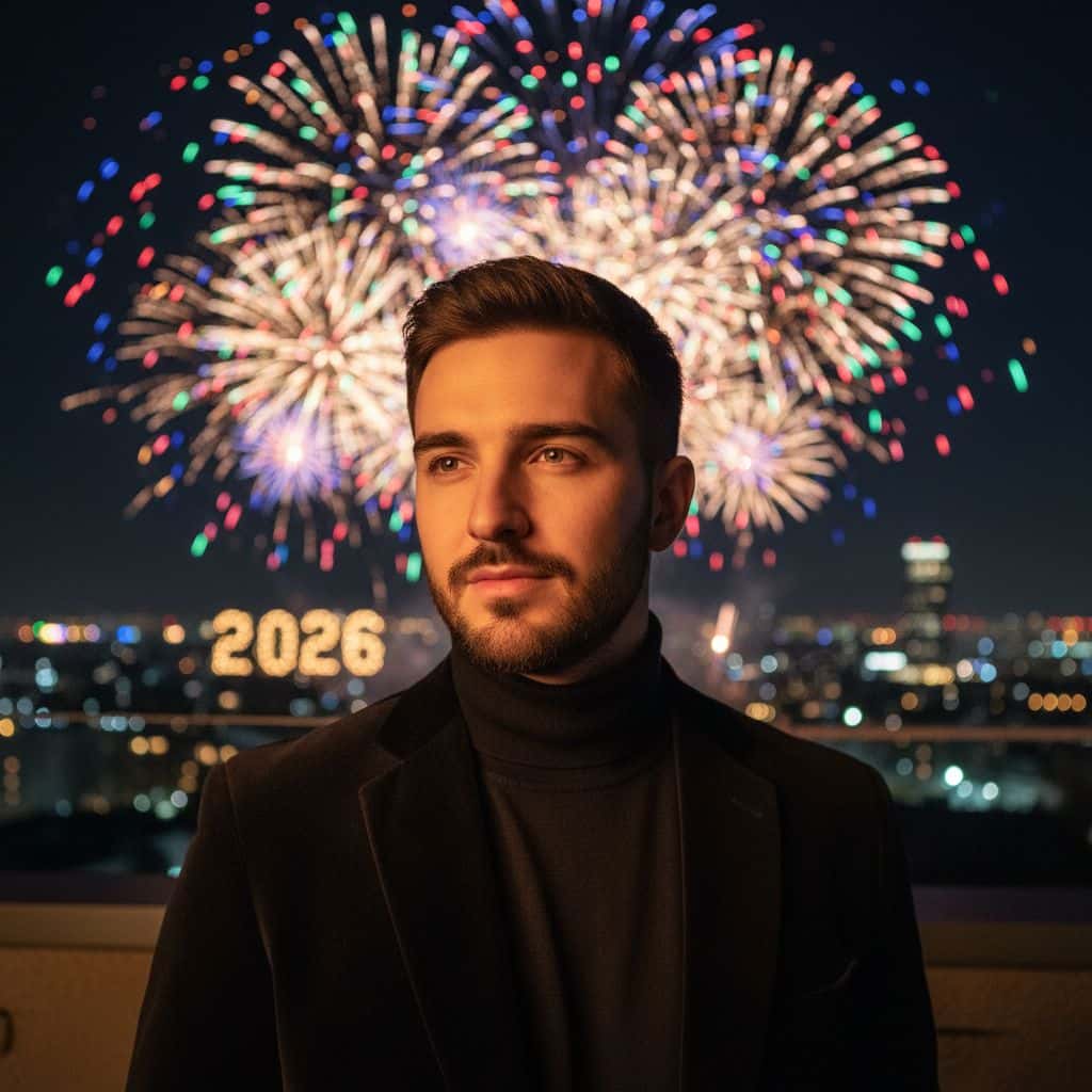 Gemini AI photo prompts preview — Cinematic Fireworks New Year Portrait