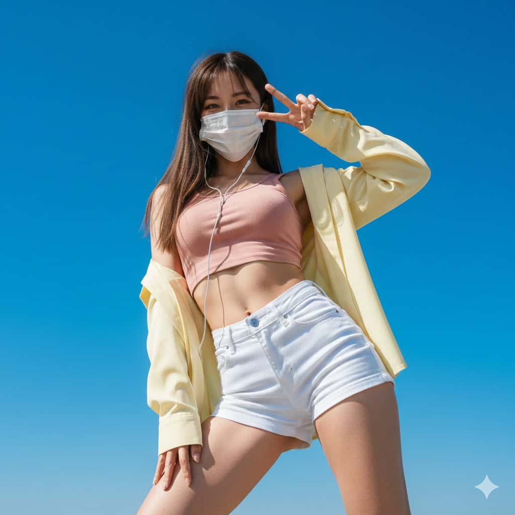 Gemini AI photo prompts — The Girl in a Mask Made a Peace Sign Gemini AI photo prompts preview — The Girl in a Mask Made a Peace Sign