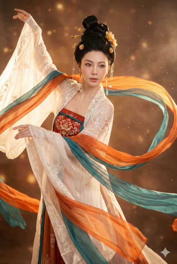 Gemini AI photo prompts — A Young Woman Dressed in Gorgeous Tang Dynasty Attire Gemini AI photo prompts preview — A Young Woman Dressed in Gorgeous Tang Dynasty Attire