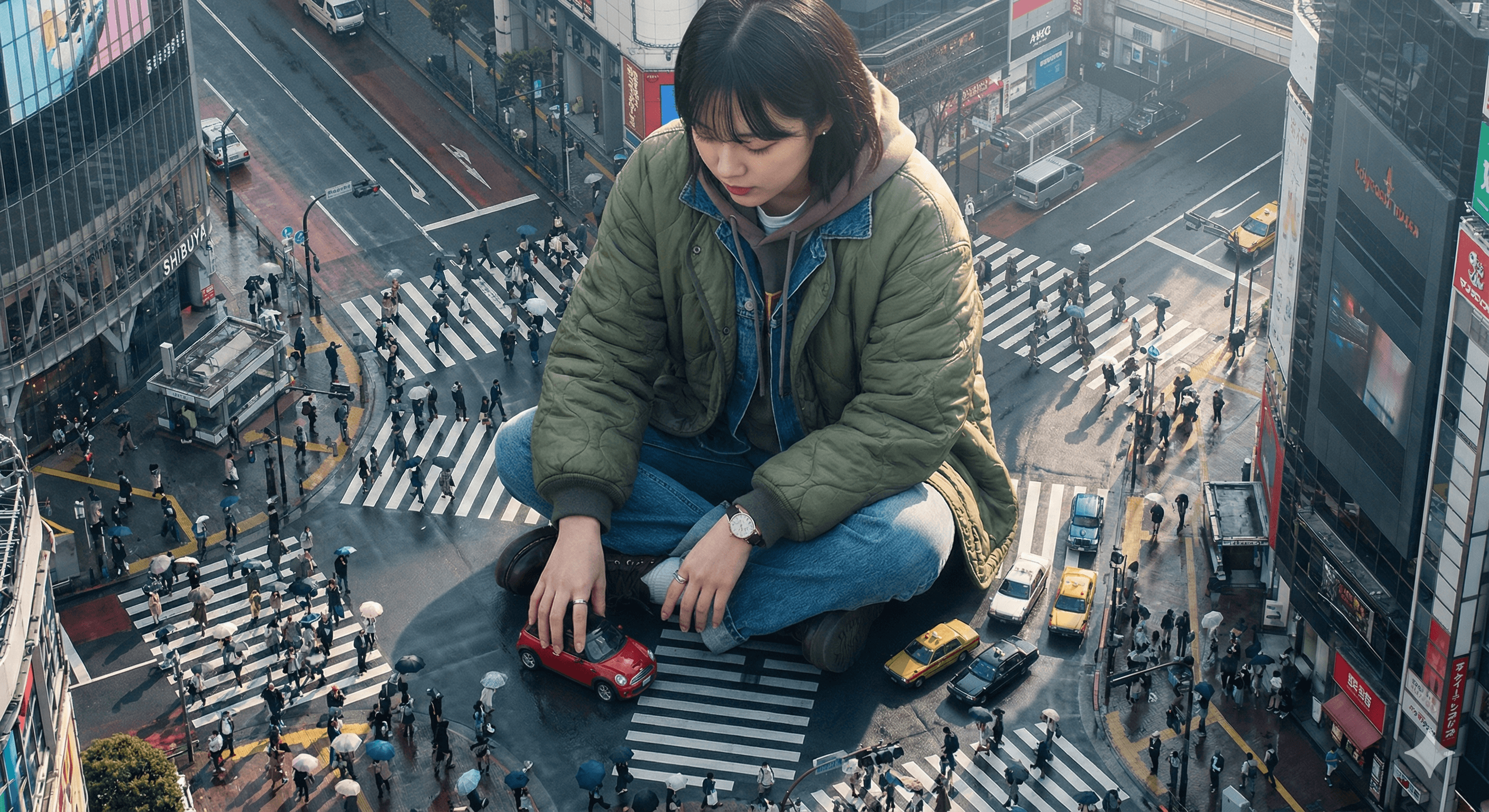 Gemini AI photo prompts — Giant Korean Woman in a Bustling Street Gemini AI photo prompts preview — Giant Korean Woman in a Bustling Street