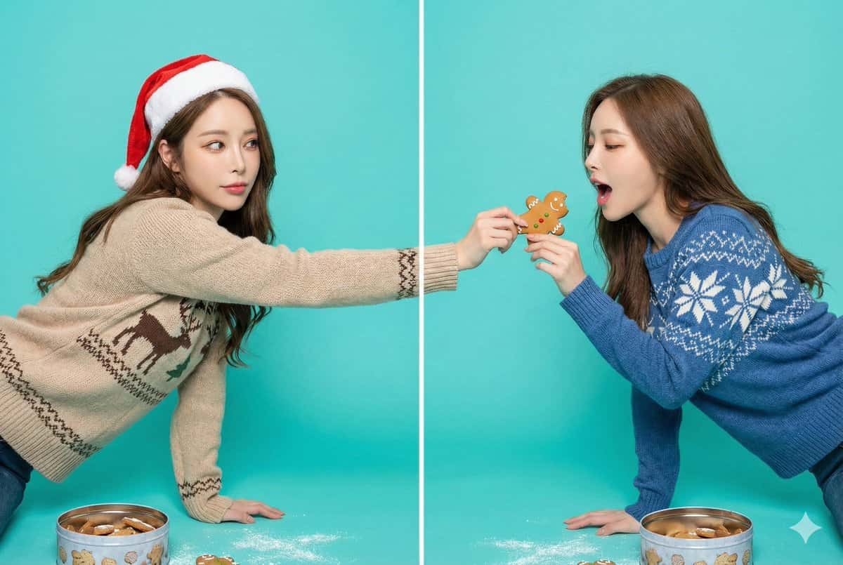 Gemini AI photo prompts — Christmas Special - Gingerbread Cross-Frame Feeding Gemini AI photo prompts preview — Christmas Special - Gingerbread Cross-Frame Feeding