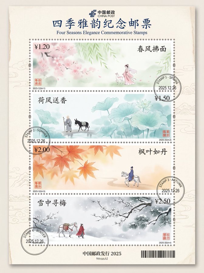 Gemini AI photo prompts preview — Chinese Ink Wash Painting Style Postage Stamps