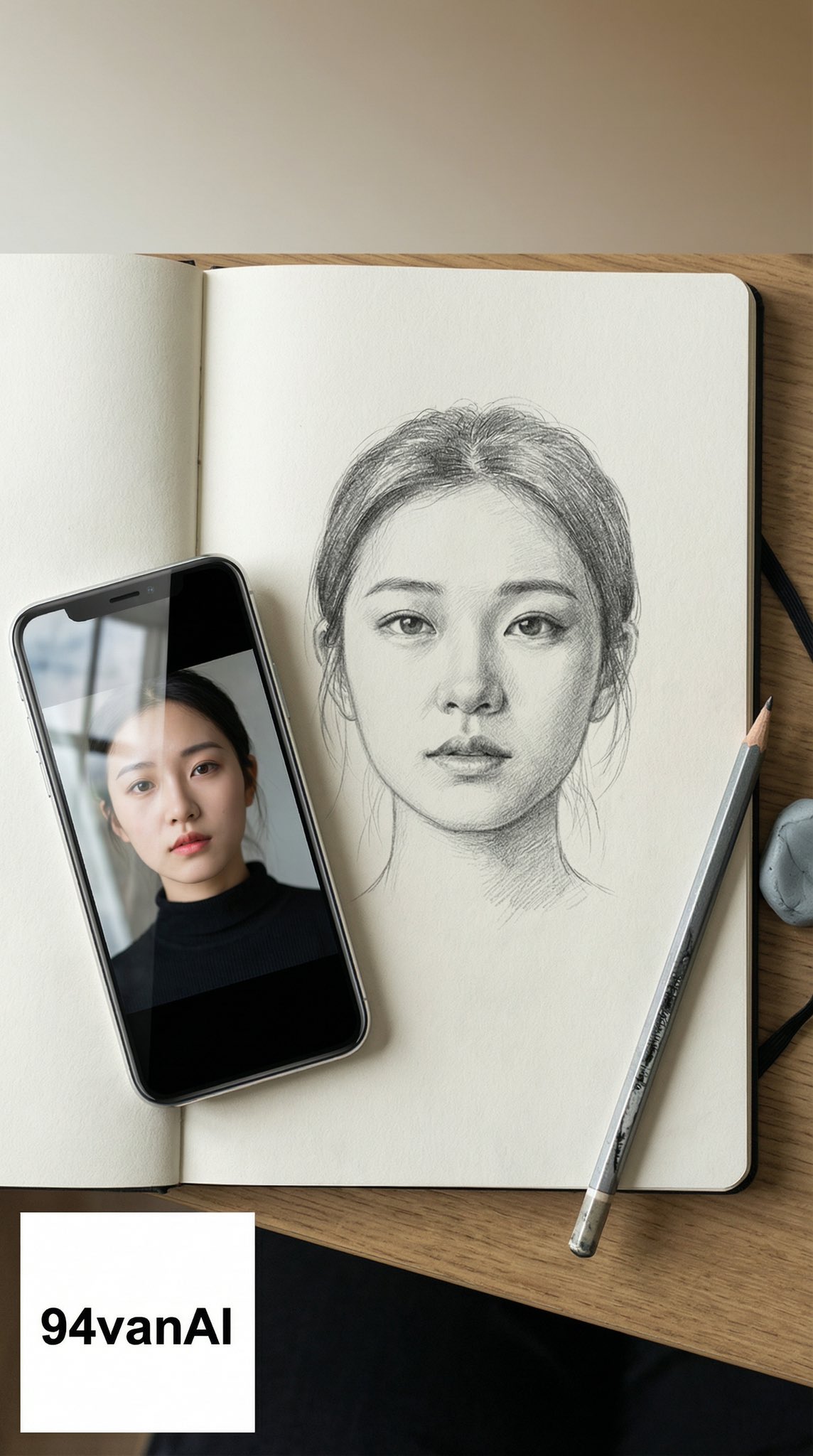 Gemini AI photo prompts preview — Pencil Portrait Framed with Original Phone Image