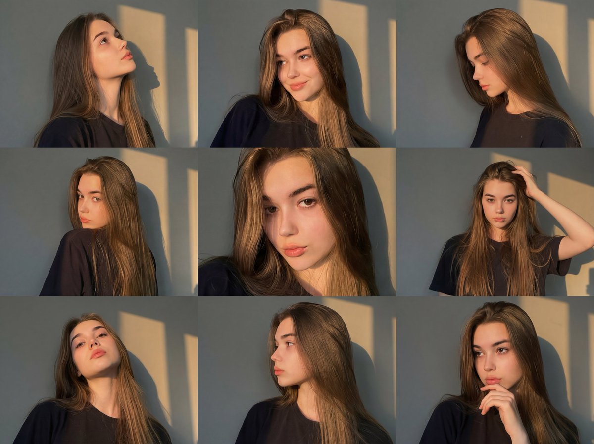 Gemini AI photo prompts — Golden Hour Window Shadow Nine-Grid Portrait Gemini AI photo prompts preview — Golden Hour Window Shadow Nine-Grid Portrait