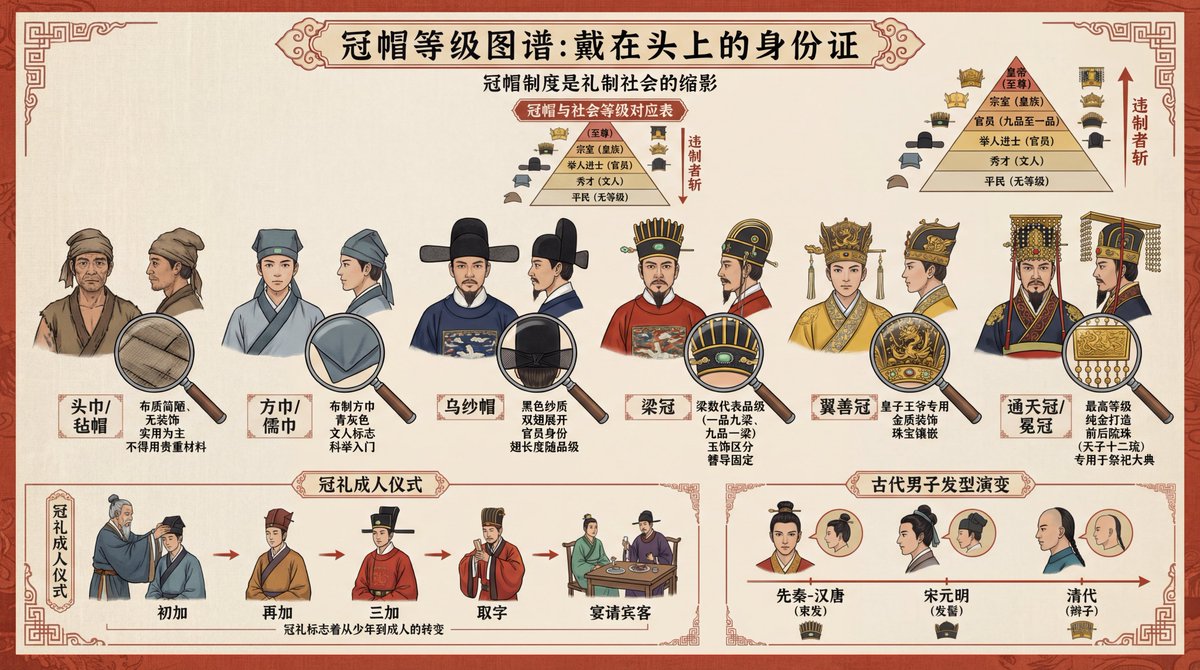 Gemini AI photo prompts preview — Analysis Infographic of the Traditional Chinese Men's Hat Hierarchy