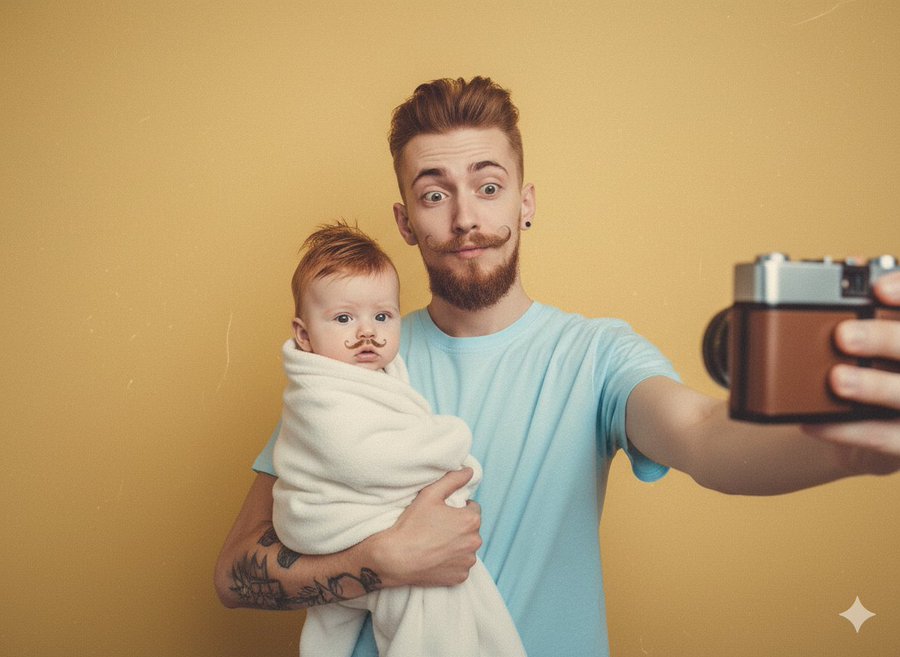 Preview of Retro Selfies of You Holding a Baby Version of You