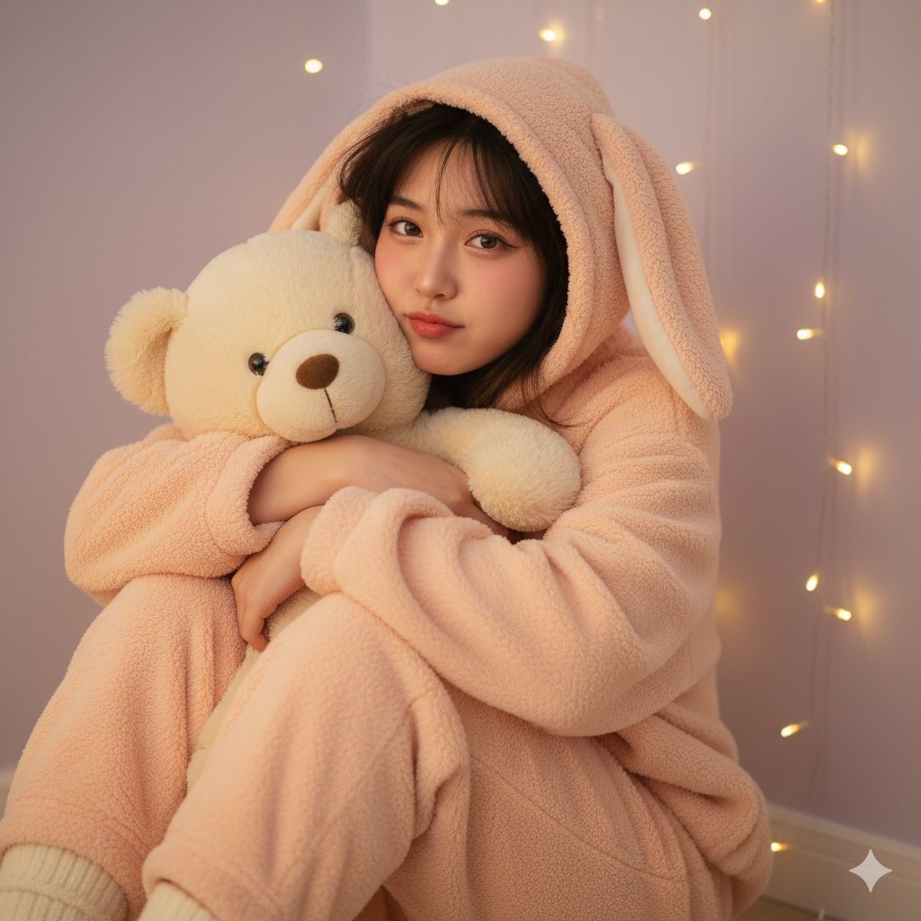 Preview of Light Peach Pink Loose Plush Pajamas for Girls