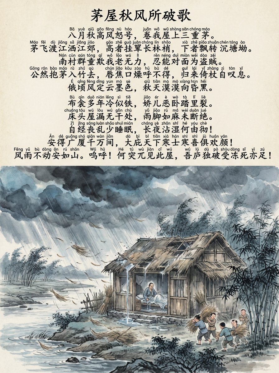 Preview of Song of the Thatched Cottage Broken by Autumn Wind in Chinese and Pinyin