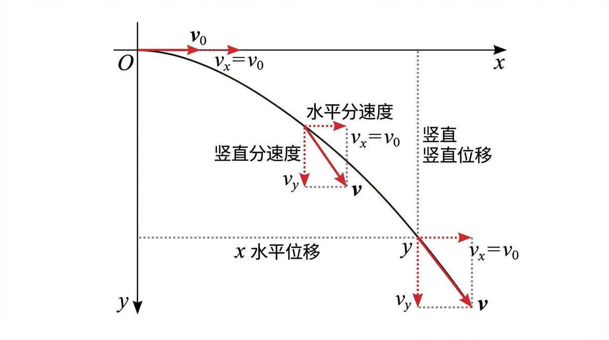 Preview of Trajectory and Velocity-Displacement Decomposition Diagram of Horizontal Projectile Motion