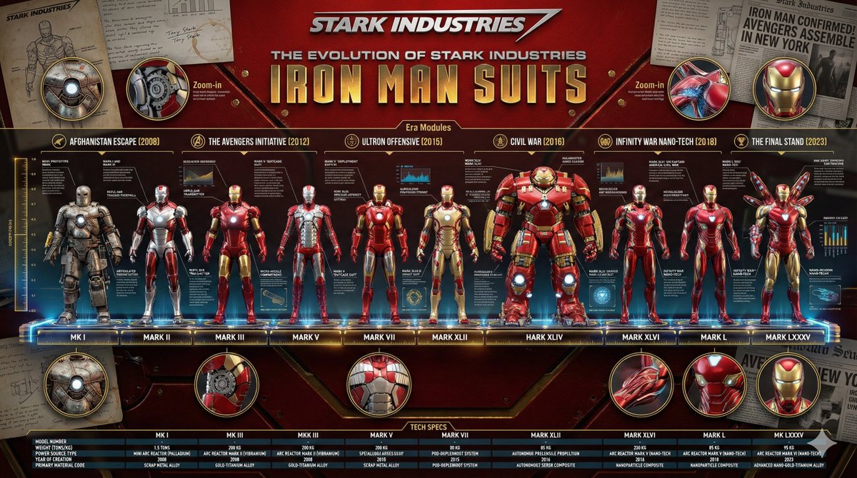 Gemini AI photo prompts preview — The Evolution of Stark Industries Iron Man Suits
