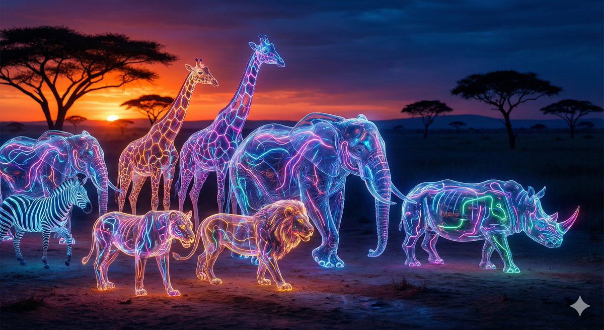 Gemini AI photo prompts — Animals and Humans Transformed into Neon Glass Beings Gemini AI photo prompts preview — Animals and Humans Transformed into Neon Glass Beings