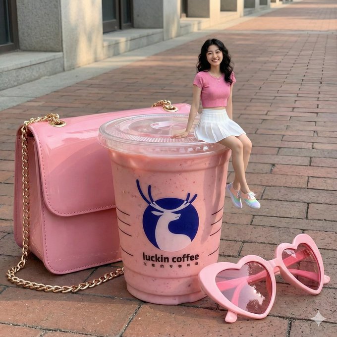 Gemini AI photo prompts preview — A Girl Sitting on a Luckin Coffee Cold Drink Cup