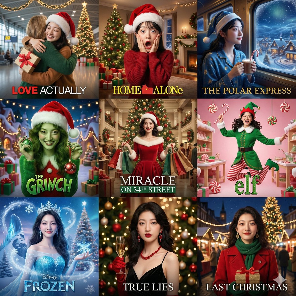 Gemini AI photo prompts preview — Place Characters in Christmas Scenes from 9 Movies