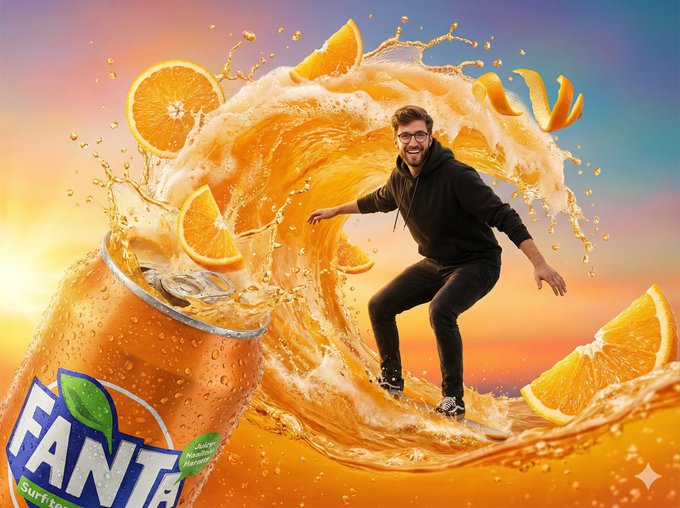 Gemini AI photo prompts preview — Surfing on Orange Juice