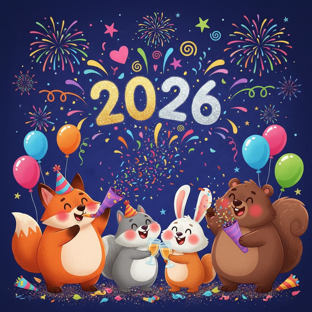 Gemini AI photo prompts — Cute cartoon characters celebrating New Year 2026 Gemini AI photo prompts preview — Cute cartoon characters celebrating New Year 2026